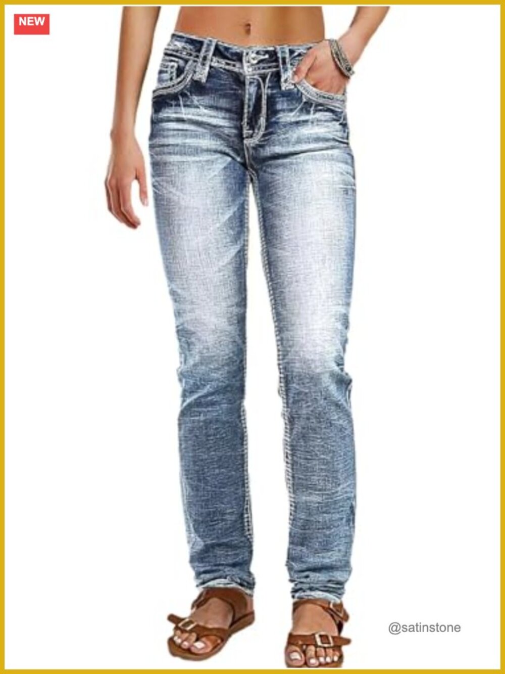 Mid Rise Skinny Jeans Butt Lifting Western Jeans with Pocket Back